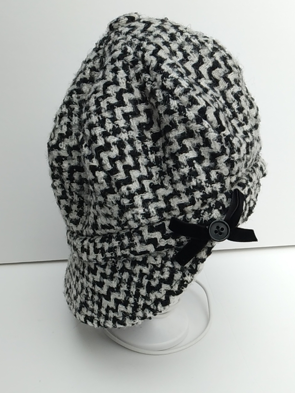 Black & White Herringbone Women's Newsboy Cap with Bow Accent